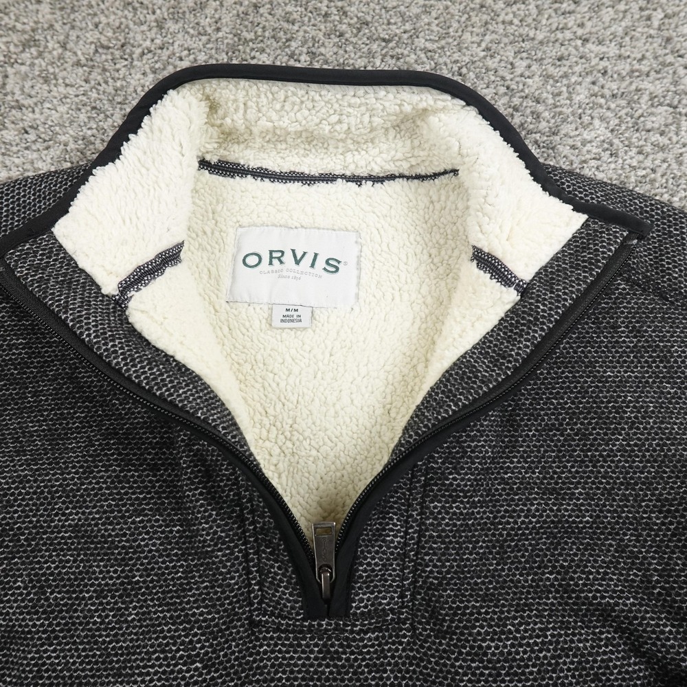 Orvis Sweater Mens M Gray Sherpa Fleece 1/4 Zip Pullover Jacket Warm Outdoors